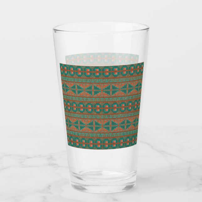 Southwestern Teal Copper Colours Geometric Pattern Glass (Front)