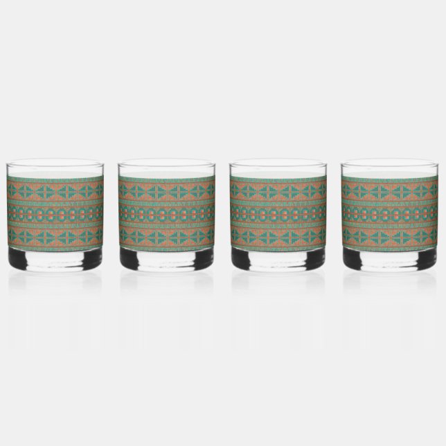 Southwestern Teal Copper Colours Geometric Pattern Whiskey Glass (Front)