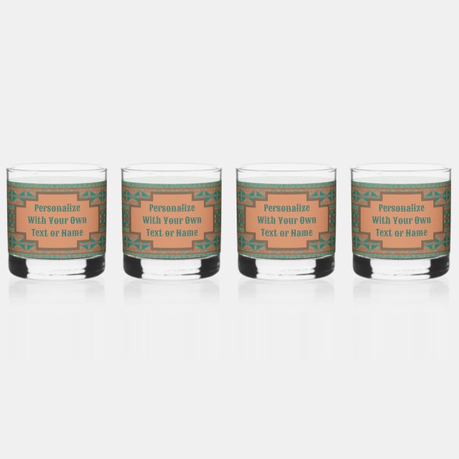 Southwestern Teal Copper Geometric Pattern Custom Whiskey Glass (Front)