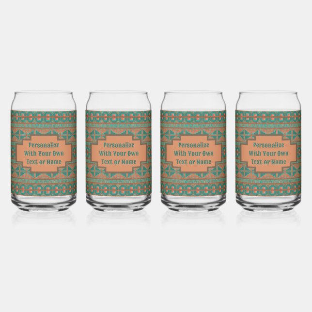 Southwestern Teal Geometric Custom Drinking Glass (Front)