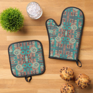 Southwestern Tribal Geometric Shapes Abstract Art Oven Mitt & Pot Holder Set