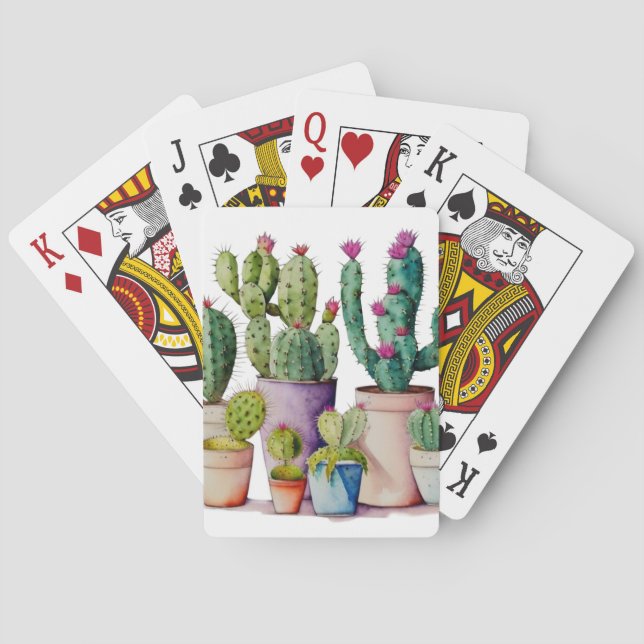 Southwestern watercolor cactus succulents in pots playing cards (Back)