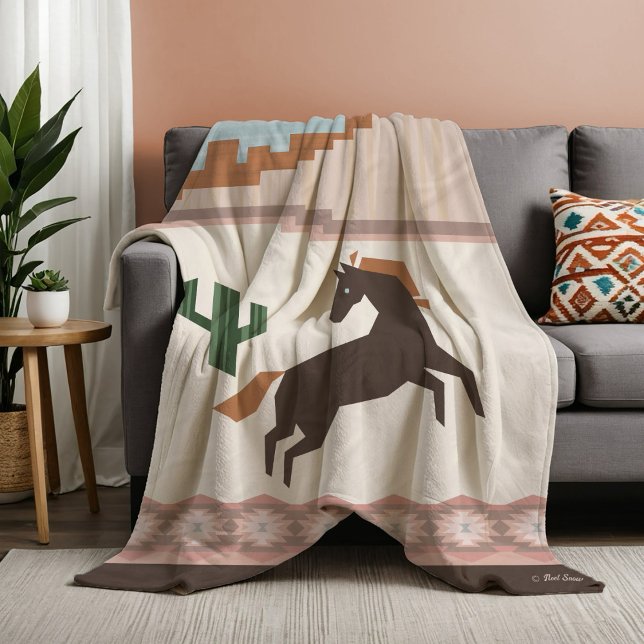 Southwestern Wild Brown Horse & Cactus Fleece Blanket (Creator Uploaded)