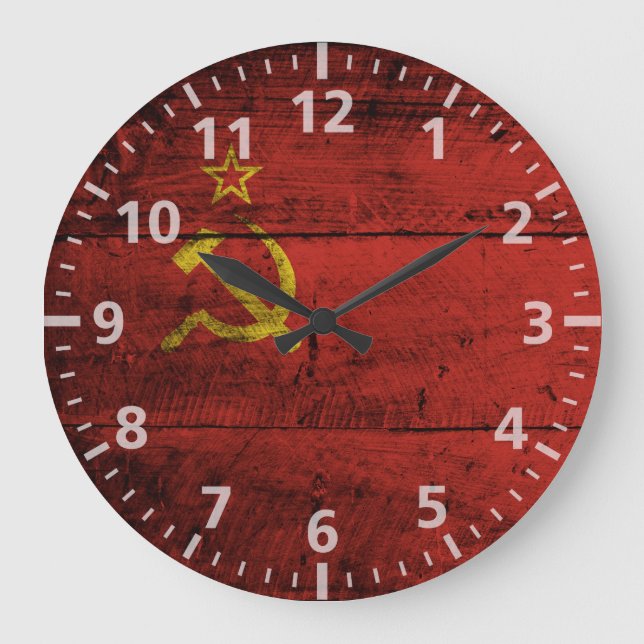 Soviet Union Flag on Old Wood Grain Large Clock (Front)
