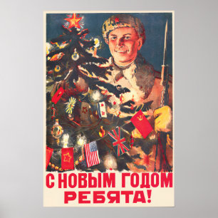 Soviet WWII Happy New Year Propaganda Poster, Red Poster