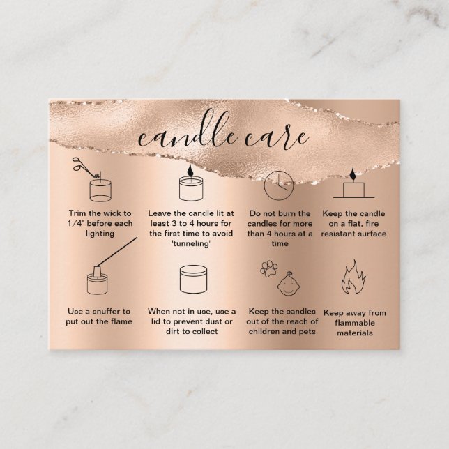 Soy Candle Care Card Add Your Logo Rose Gold (Front)