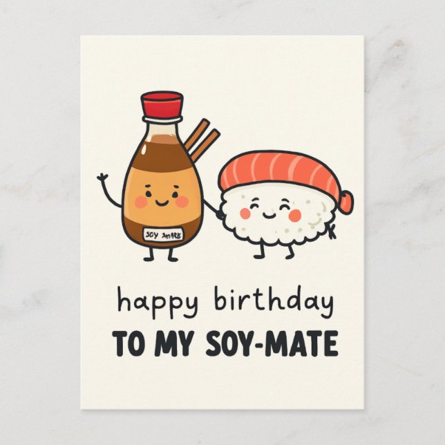 Soy-Mate Birthday Card – Cute Sushi & Soy Sauce  (Front)