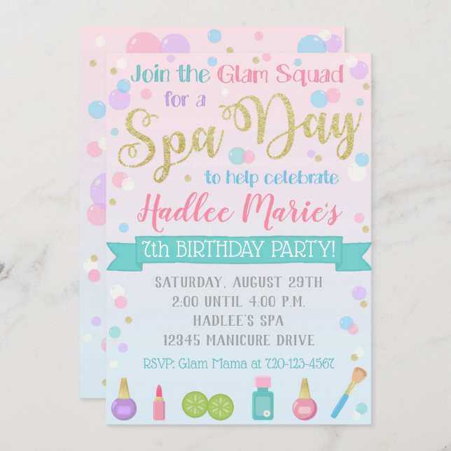 Spa Birthday Invitation Spa Party (Front/Back)
