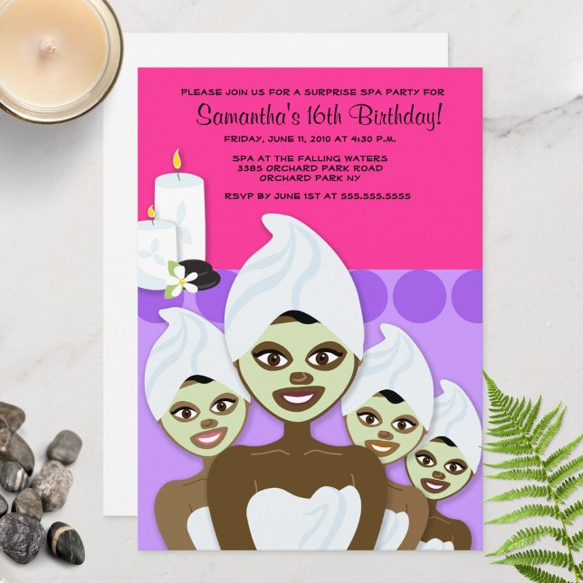 SPA Birthday or Bridal Shower 5x7 AFRICAN AMERICAN Invitation (Spa Day Birthday Invitation)