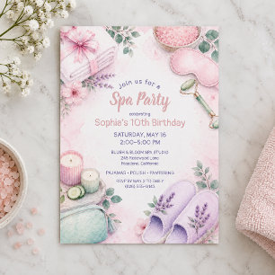 Spa Birthday Party Watercolor Pink Mint Invitation
