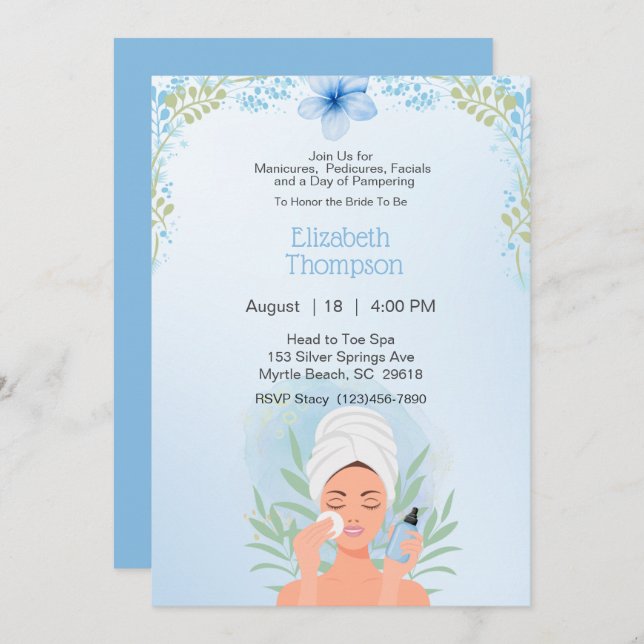 Spa Day Bachelorette Party Blue Floral  Invitation (Front/Back)