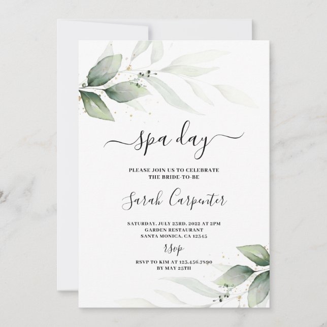 Spa Day Greenery Bridal Shower invitation (Front)