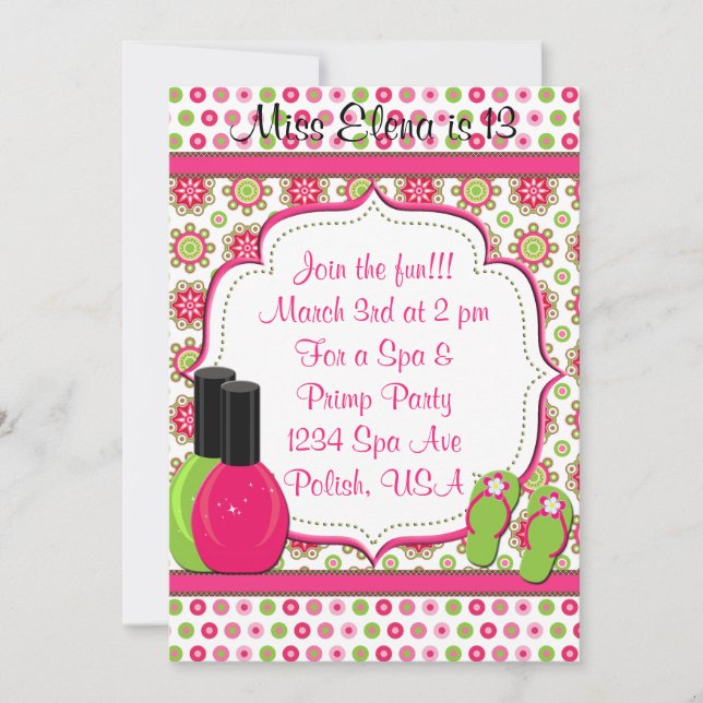 Spa Day of Pampering Pink Green Birthday Invite (Front)