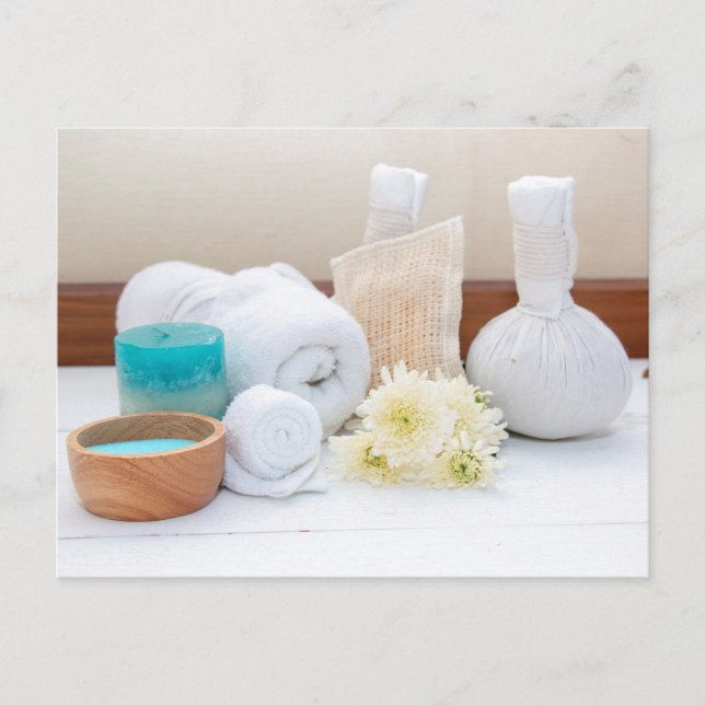 Spa equipment salt towel and herbal press for spa postcard (Front)