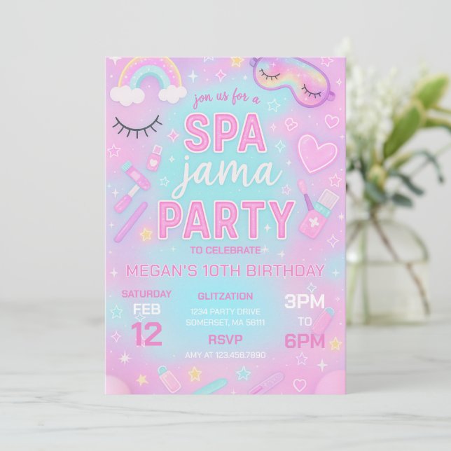 Spa-Jama Spa And Sleepover Birthday Party Invitation (Standing Front)