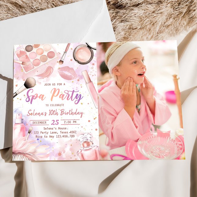 Spa Makeup Birthday Pink Glitz & Glam Party Photo Invitation (Creator Uploaded)