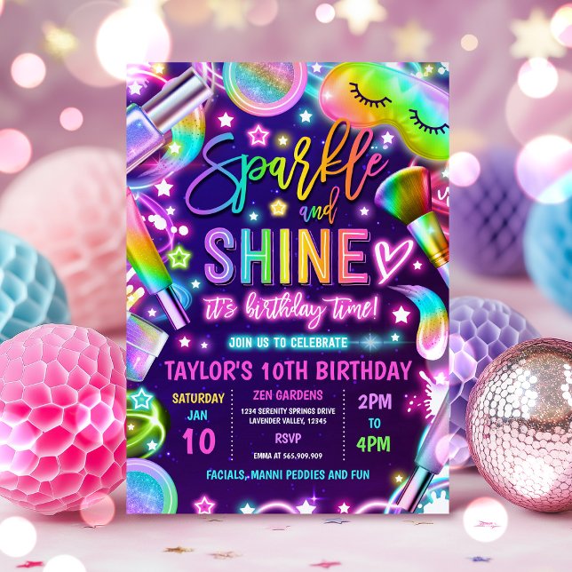 Spa Makeup Glamour Party Neon Glow Birthday Party Invitation (Creator Uploaded)