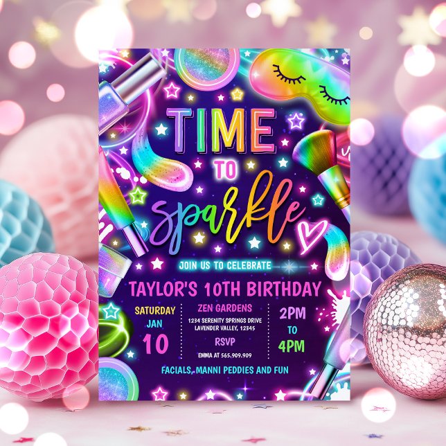 Spa Makeup Glamour Party Neon Glow Birthday Party Invitation (Creator Uploaded)
