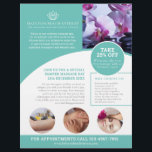 Spa massage wellness centre aqua promo flyer<br><div class="desc">Pamper event spa massage promo flyer. Template beauty massage spa treatment promotional marketing flyer,  ready for you to personalise with your own promotional text,  logo,  photos if required,  products,  services and business details. Other matching items available. Uniquely designed by www.mylittleeden.com</div>