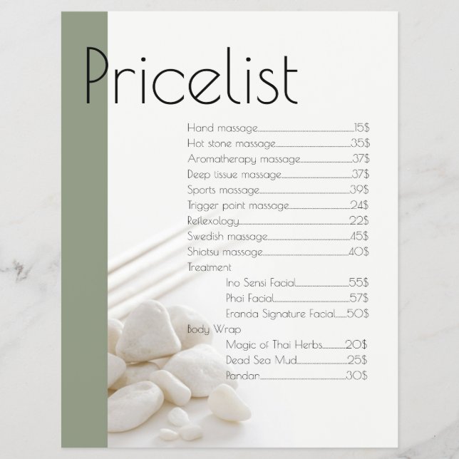 Spa Massage White Gray Stones Price List Flyer (Front)