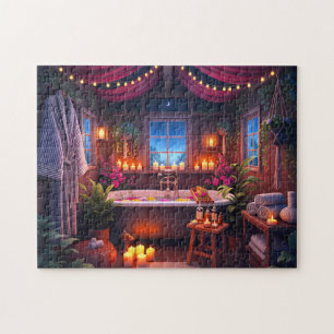 Spa Night Starlit Serenity Cozy Bath Scene Jigsaw Puzzle