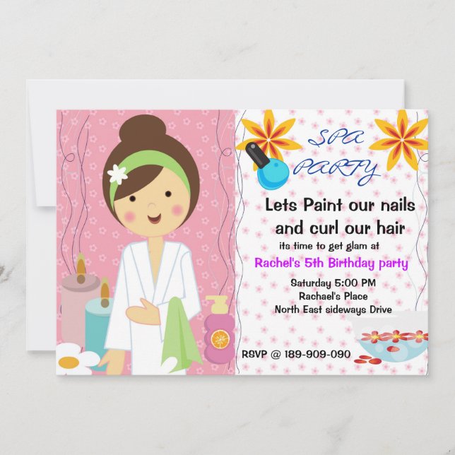 Spa Party girls birthday invitation (Front)