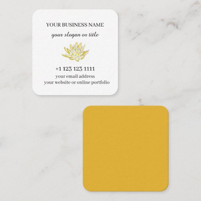 Spa salon life coach therapist yellow lotus flower square business card (Front/Back)