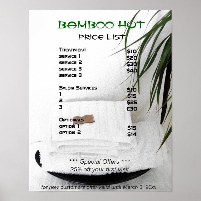 Spa Salon massage price list Poster (Front)