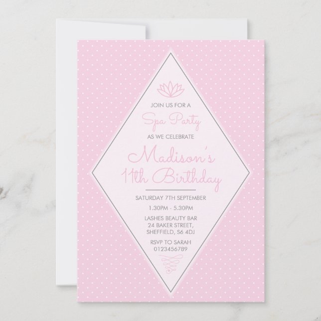 Spa themed birthday party invitation (Front)