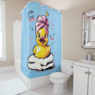 Spa Time Cute Rubber Duck with Towel Turban Shower Curtain
