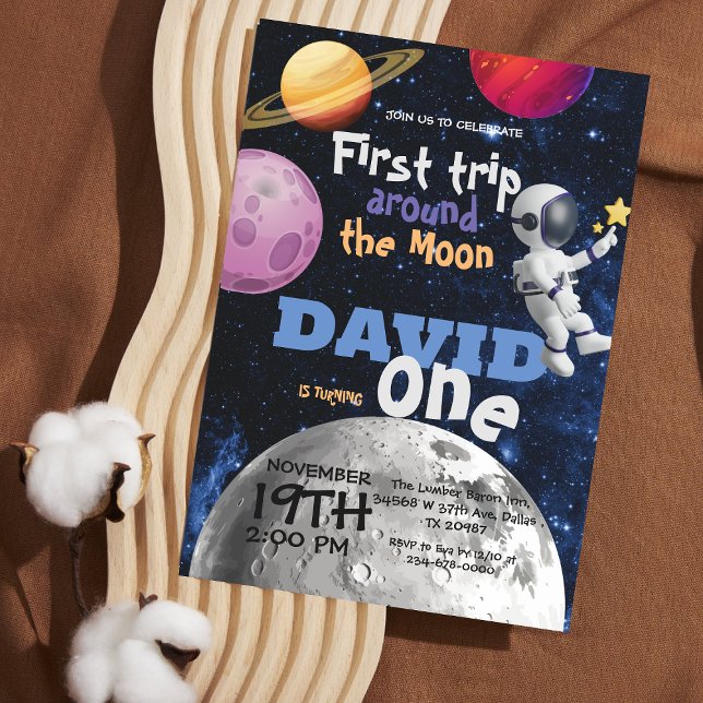 Space 1st Birthday Firs Trip Around The Moon Invitation (Creator Uploaded)