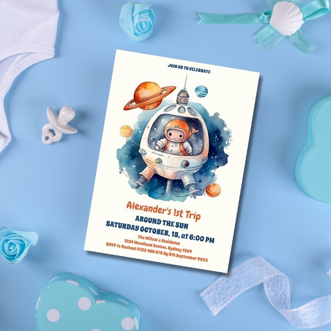 Space 1st Birthday Party First Trip Around The Sun Invitation (Creator Uploaded)