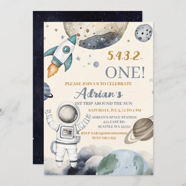 Space 1st Birthday Party First Trip Around The Sun Invitation (Front/Back)