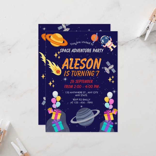 Space Adventure Birthday Celebration  Invitation (Front/Back In Situ)