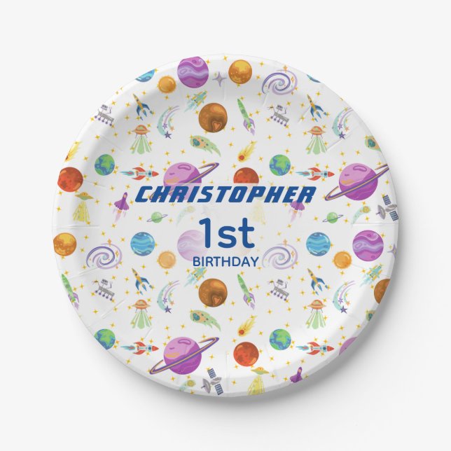 Space adventure birthday paper plate (Front)