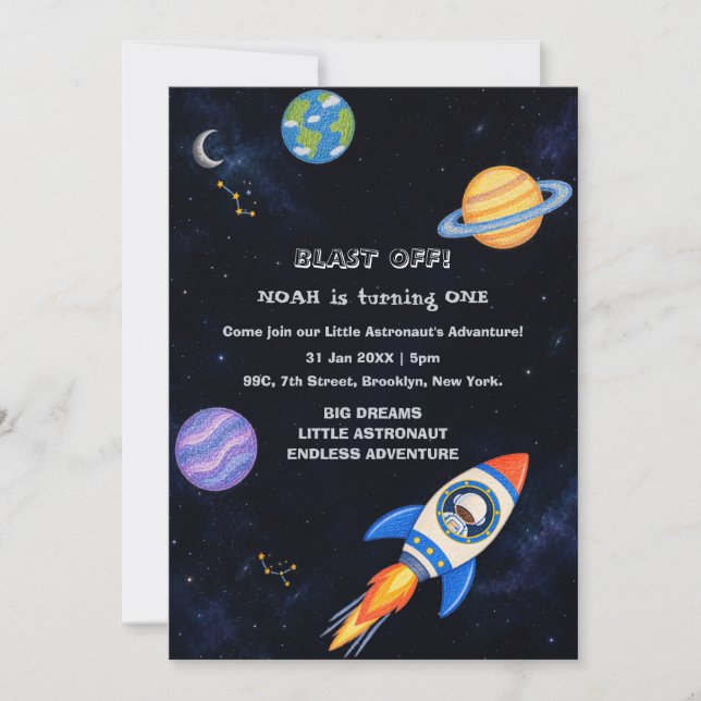 Space Adventure First Birthday Invitation (Front)