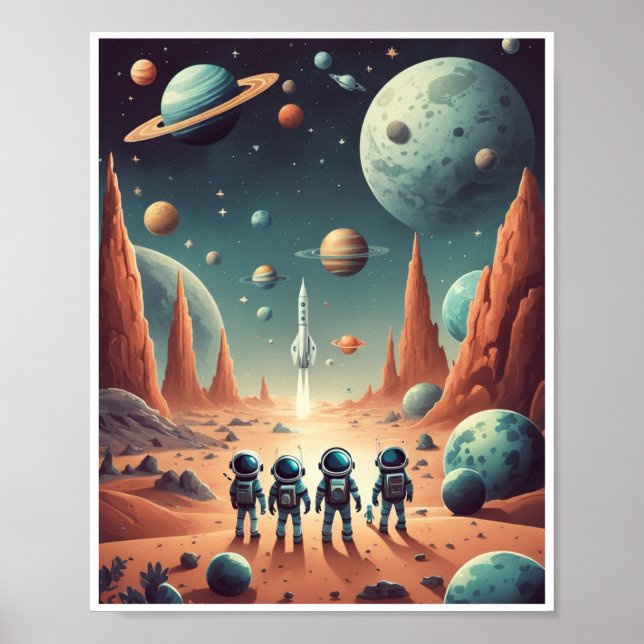 Space adventure planets rockets cute aliens galaxy poster (Front)