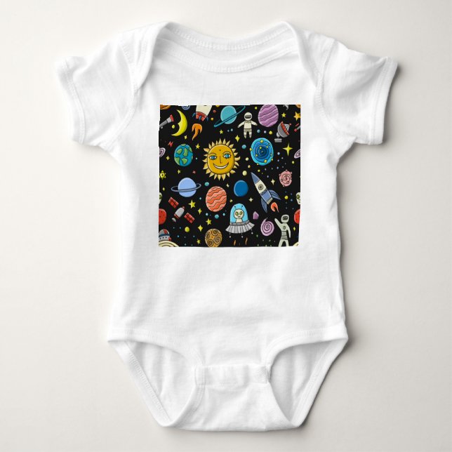 Space adventure: planets, rockets pattern. baby bodysuit (Front)
