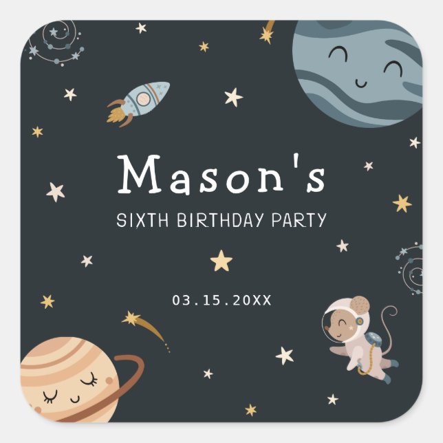 Space Adventure Playful Kids Birthday Party Square Sticker (Front)