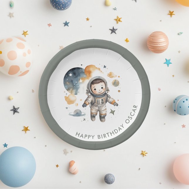 "Space Adventure Watercolor First Birthday Paper Plate (Creator Uploaded)