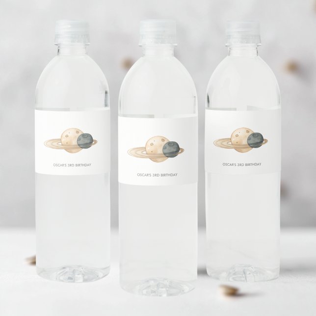 "Space Adventure Watercolor First Birthday Water Bottle Label (Creator Uploaded)