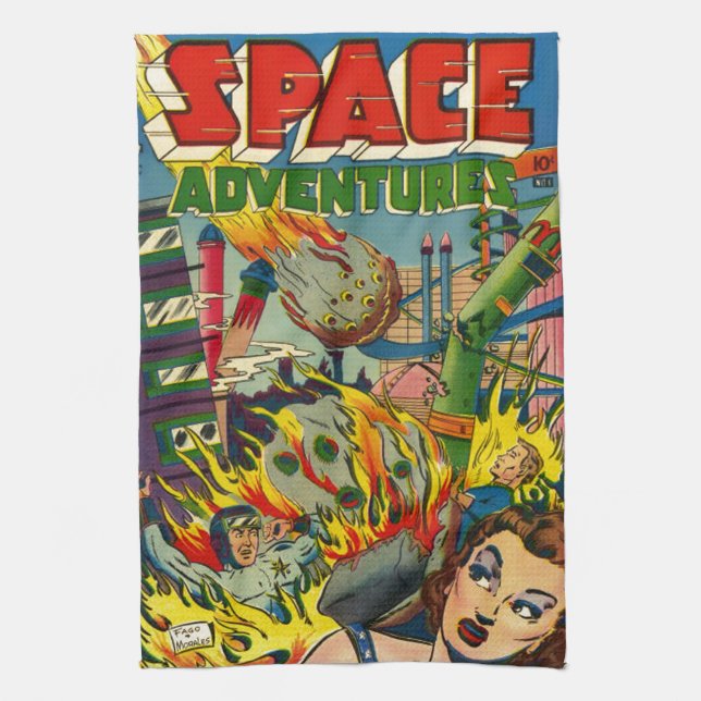SPACE ADVENTURES RETRO COMICS TEA TOWEL (Vertical)