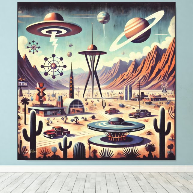 Space Age Alien Desert Invasion Fantasy Art Canvas Print (Insitu(Wood Floor))