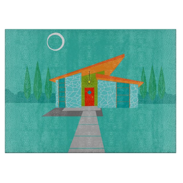 Space Age Cartoon House Glass Cutting Board (Front)