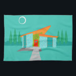Space Age Cartoon House Kitchen Towel<br><div class="desc">This Space Age Cartoon House Kitchen Towel is a retro lover’s dream come true. The minimalist art design features an aqua stone house with large, peacock blue windows. Hanging from the atomic, slanting, orange roof, a yellow sputnik light fixture illuminates the front door. The recessed red front door with starburst...</div>