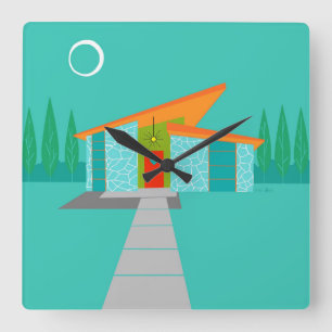 Space Age Cartoon House Square Acrylic Wall Clock