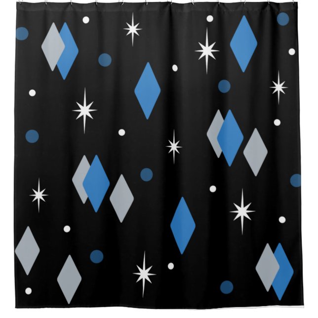 Space Age Diamonds Blue Black Shower Curtain (Front)