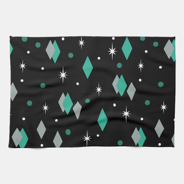 Space Age Diamonds Turquoise Black Tea Towel (Horizontal)