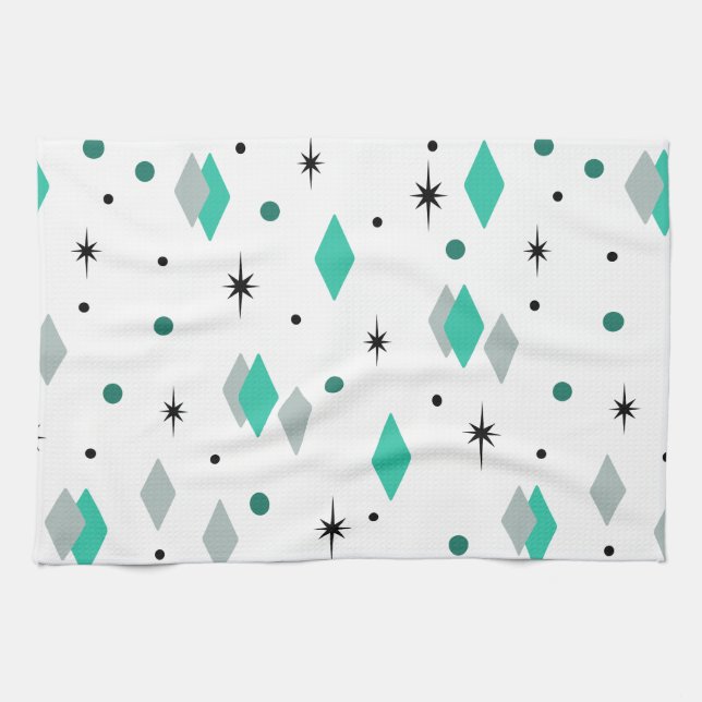 Space Age Diamonds Turquoise White Tea Towel (Horizontal)