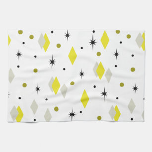 Space Age Diamonds Yellow Grey White Tea Towel